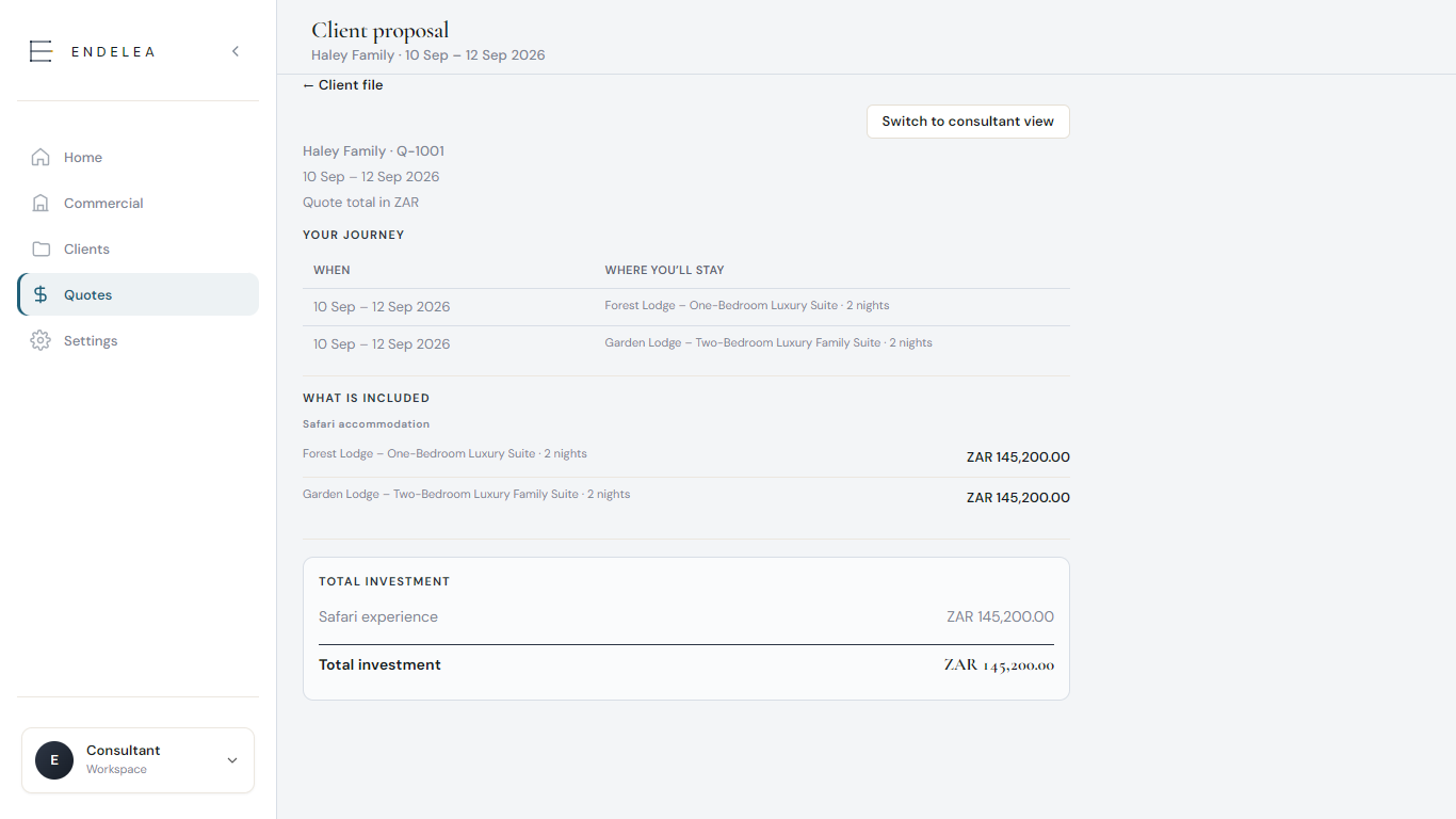 Client proposal view of a safari itinerary and total investment, without internal commercial workings.