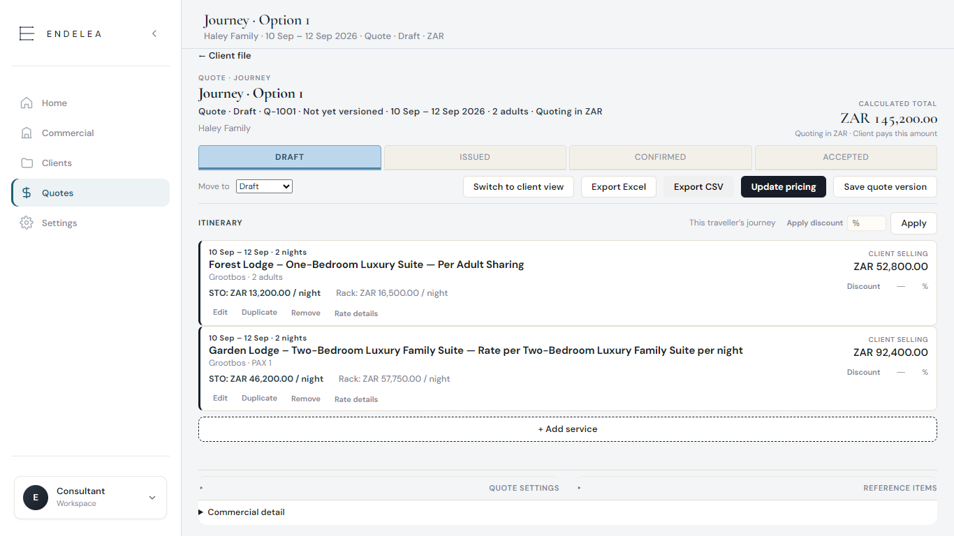 Endelea quote workspace: a live itinerary, rates, and a calculated client total.