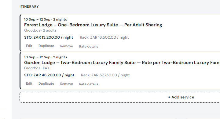 Quote workspace with Forest Lodge and Garden Lodge stays, STO and Rack, and client selling totals.